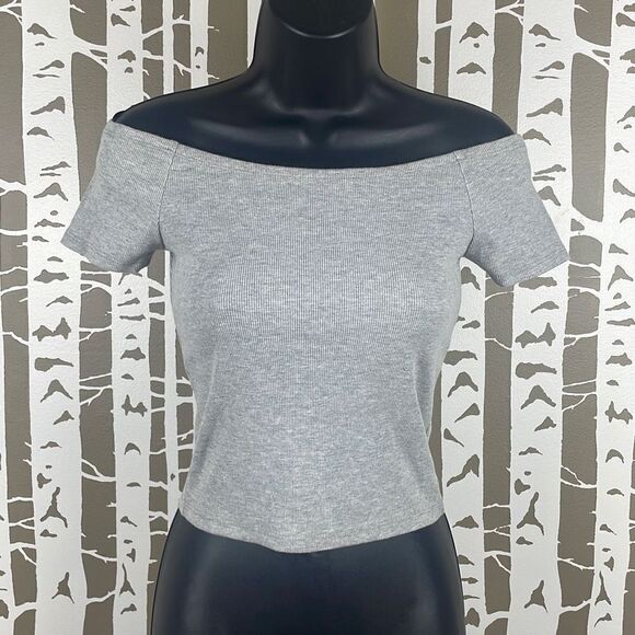 Off Shoulder Ribbed Cropped Top S Gray - Picture 1 of 6